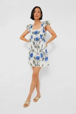 White And Klein Blue Baby Doll Dress With Bellflower Block Print