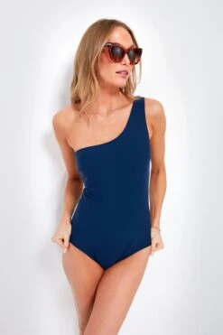 Navy Sculpting One Shoulder Swim Suit