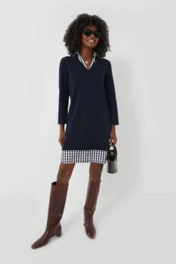 Navy Wool And Cotton Combo Sweaterdress